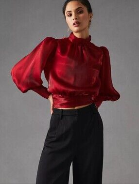 Anthropologie Flat White Open- Back Bow Blouse Long SleeveTag Size Small